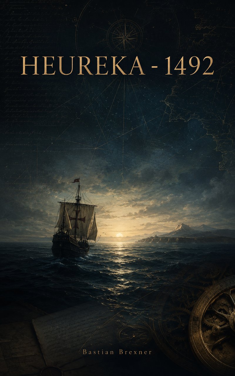 HEUREKA_1492 · Buchcover · Karavelle vor Mond/Sonne, Sternenkarte und Kompassrose