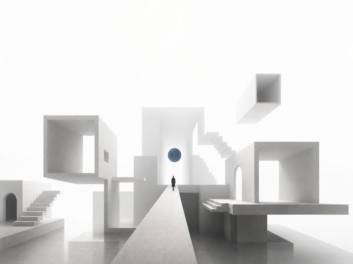 Surreale Architektur im Nebel