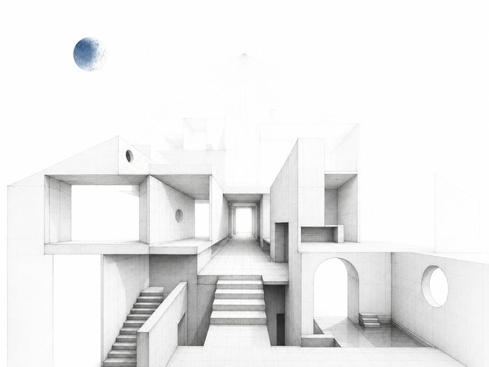 Surreale Architektur mit himmlischem Himmelskörper