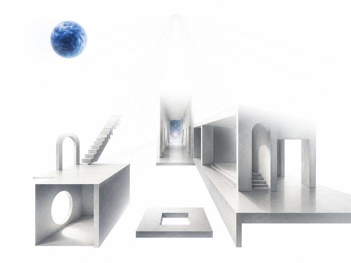 Surrealist minimalistische Architektur mit geometrischen Formen