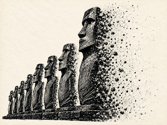 Zerfallende Moai-Statuen in Perspektive