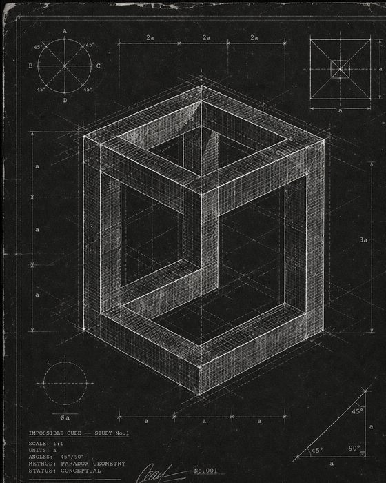 Impossible cube blueprint monochrom