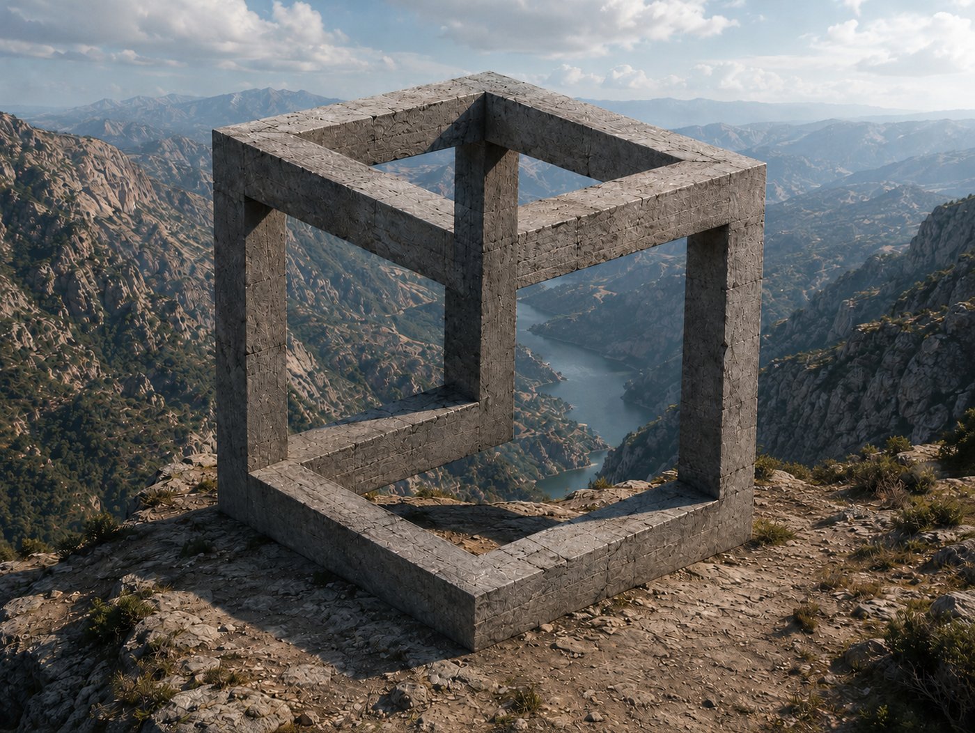 Impossible cube in rugged landscape