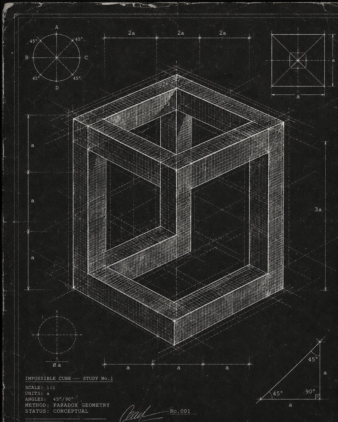 Impossible cube blueprint monochrom