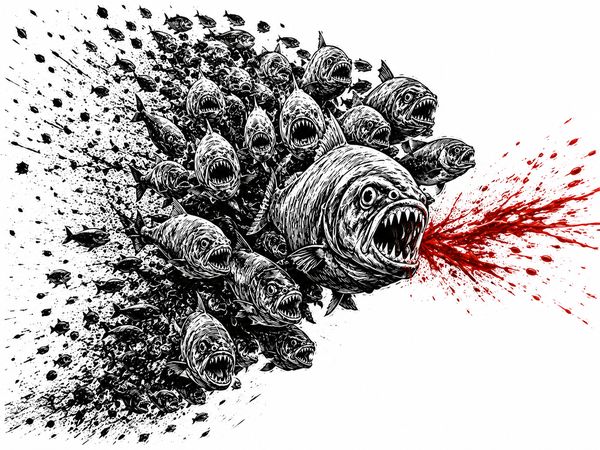 Piranha-Schwarm in rotem Ausbruch