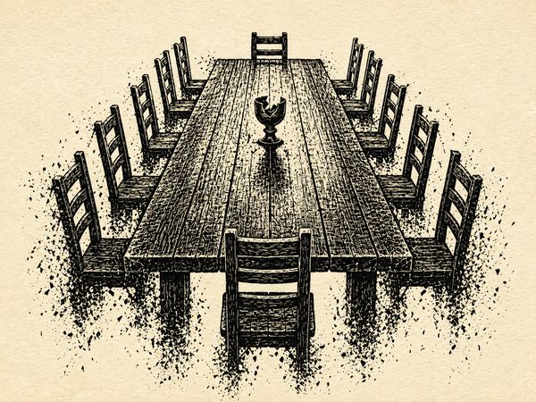 Rustikale Tafel mit zersplittertem Kelch