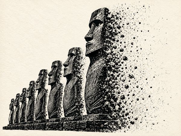 Zerfallende Moai-Statuen in Perspektive