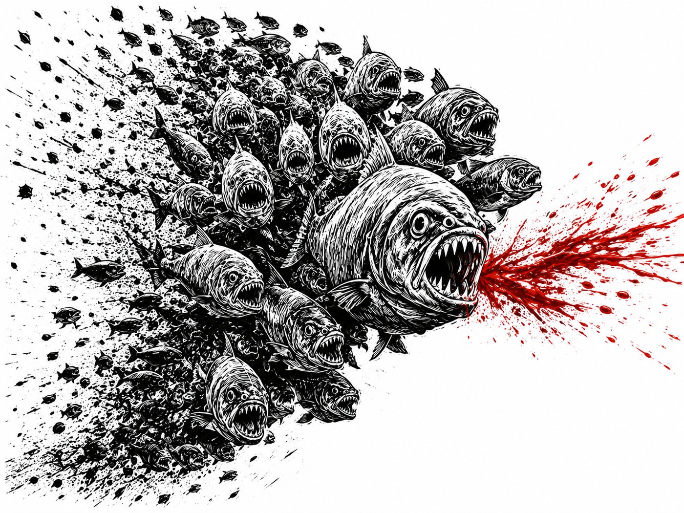 Piranha-Schwarm in rotem Ausbruch