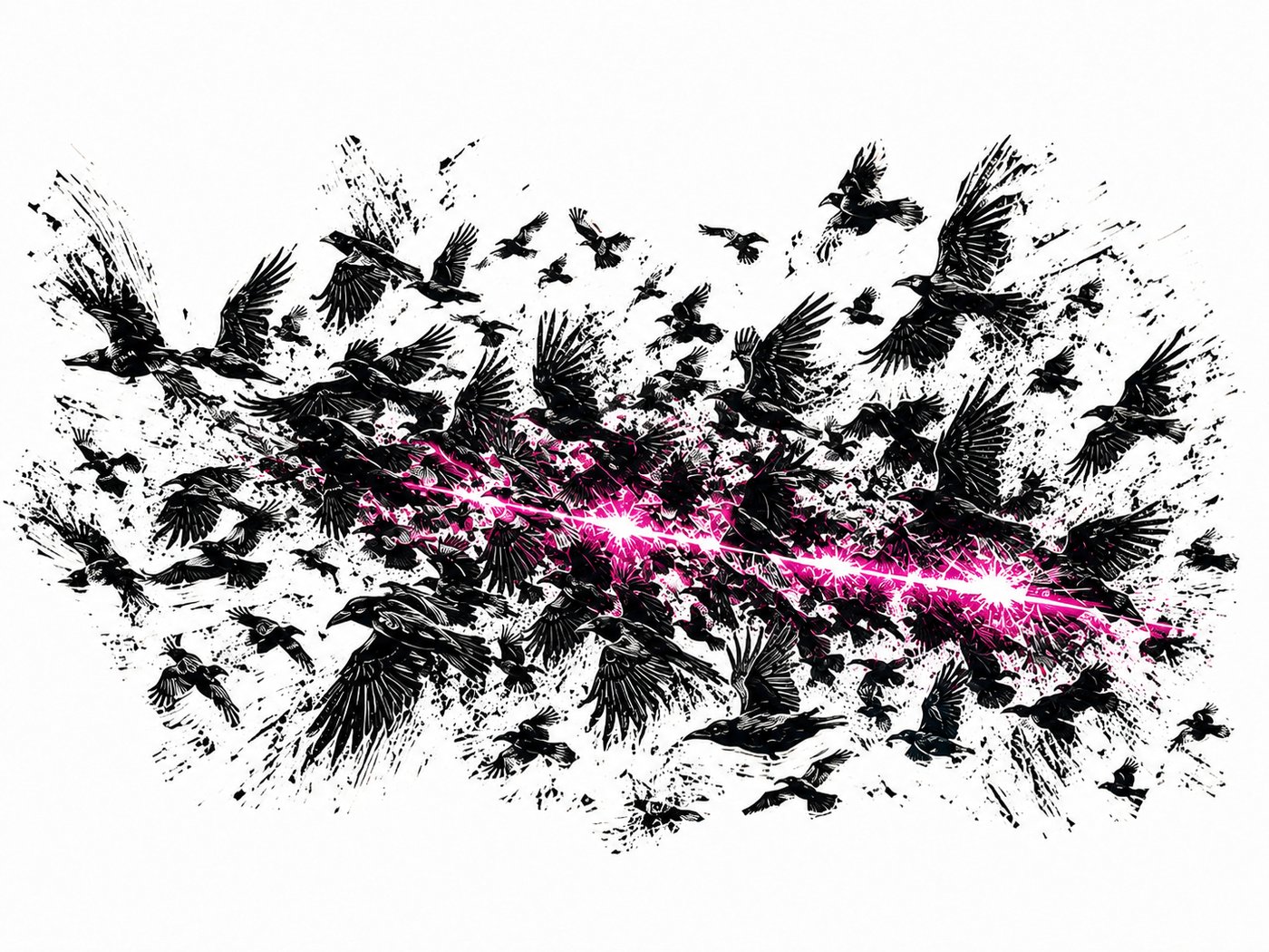 Vögel im Sturm mit magentafarbenem Blitz