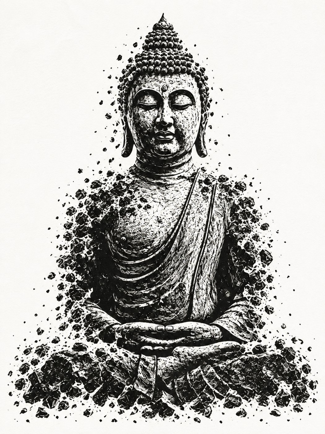 Zerfallende Buddha-Statue in Meditation