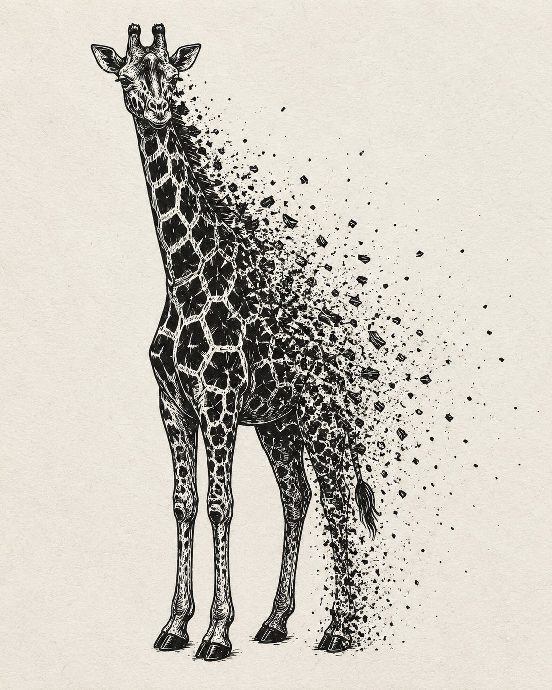 Zerfallende Giraffe in Linocut-Stil