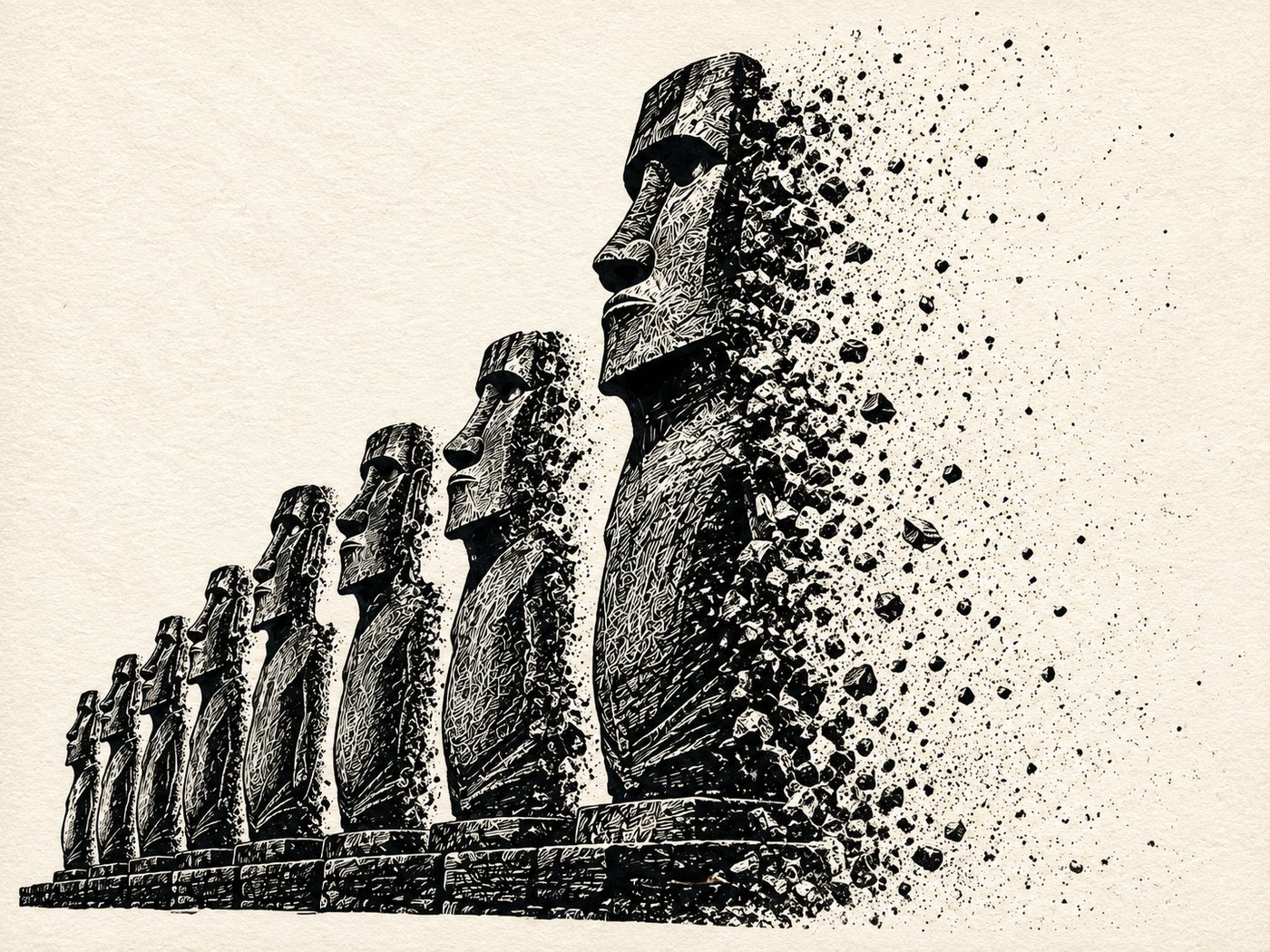 Zerfallende Moai-Statuen in Perspektive