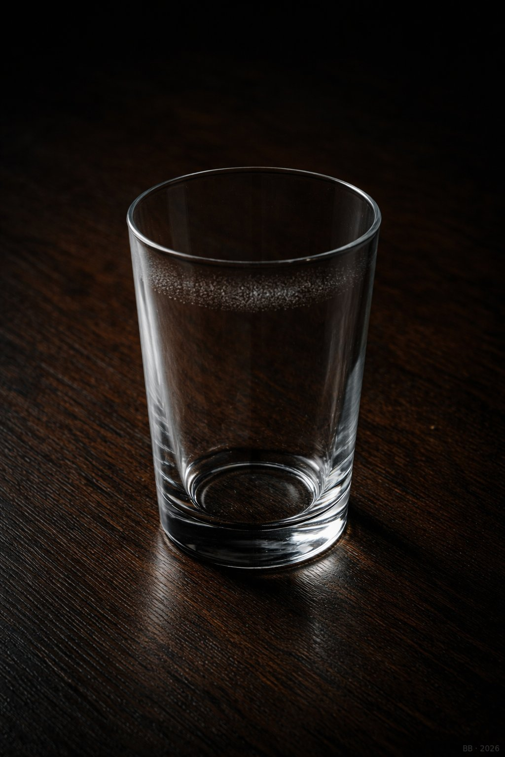 Leeres Glas mit Kondenswasser im Dunkel