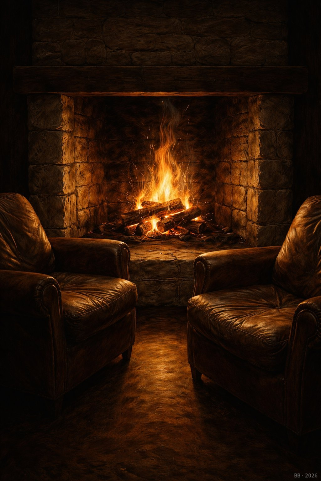 Zwei Sessel vor brennendem Kamin