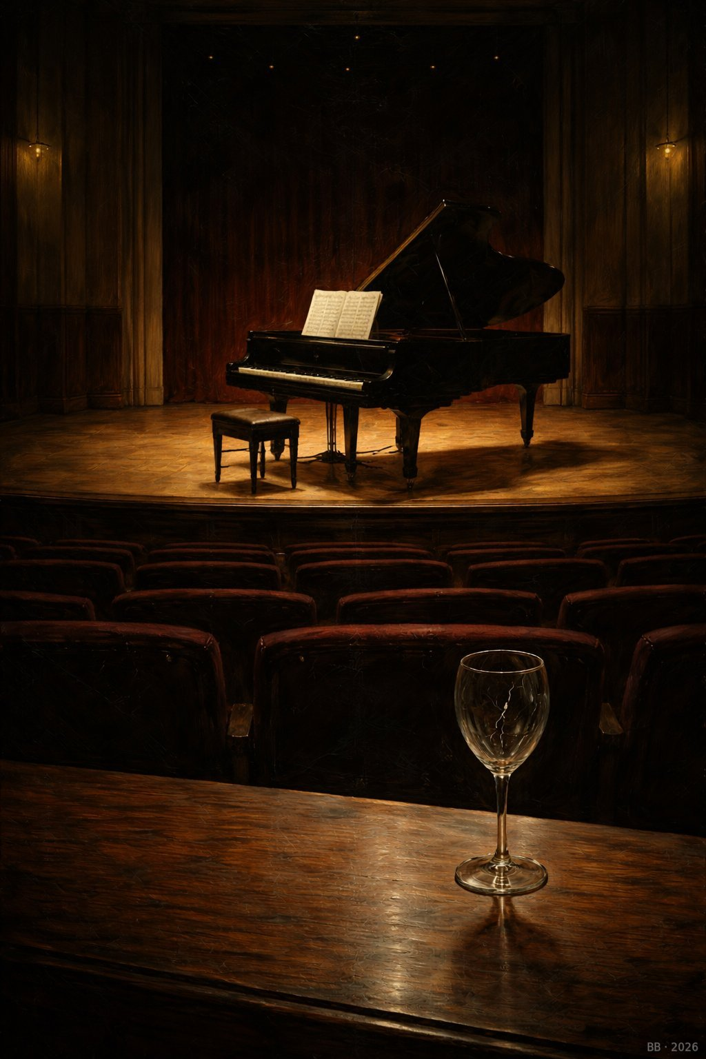 Leerer Konzertsaal mit Flügel und Weinglas