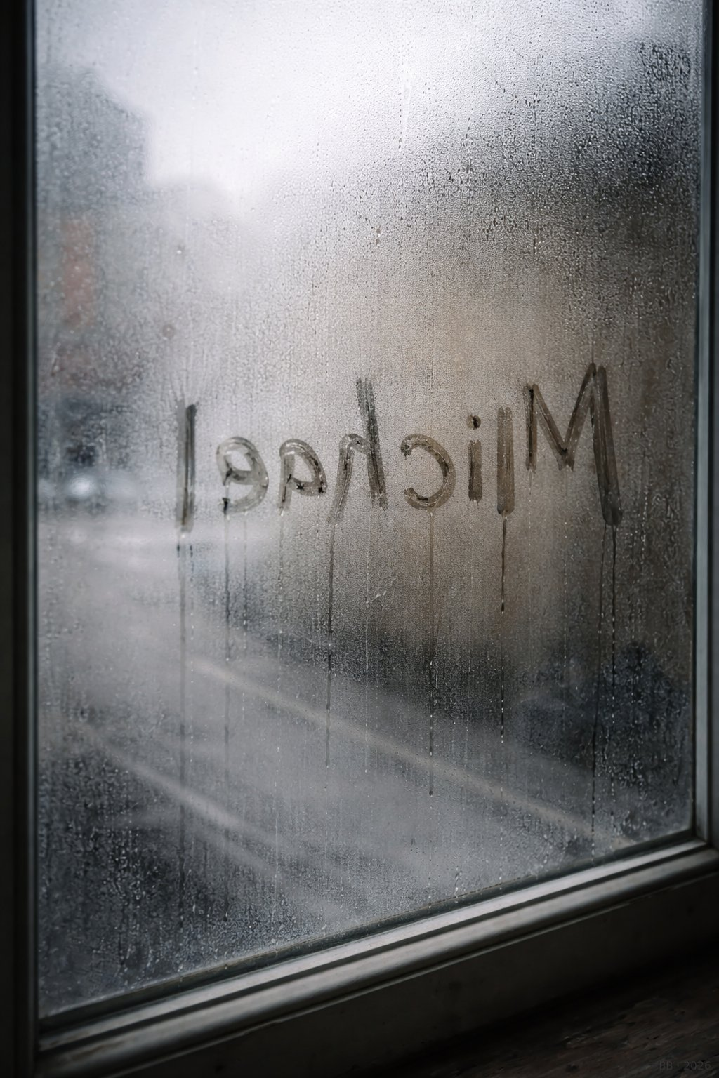 Name im beschlagenen Glas gespiegelt