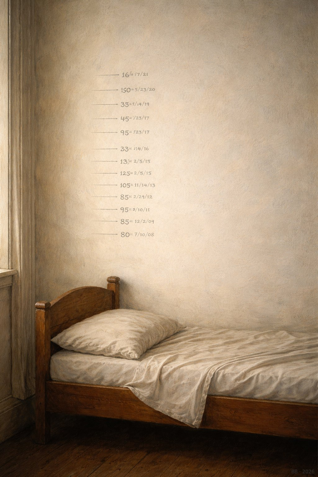 Größenmarkierungen an der Wand über einem Bett