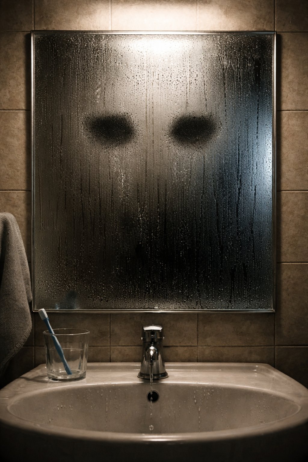 Gesicht mit Augen hinter beschlagenem Spiegel