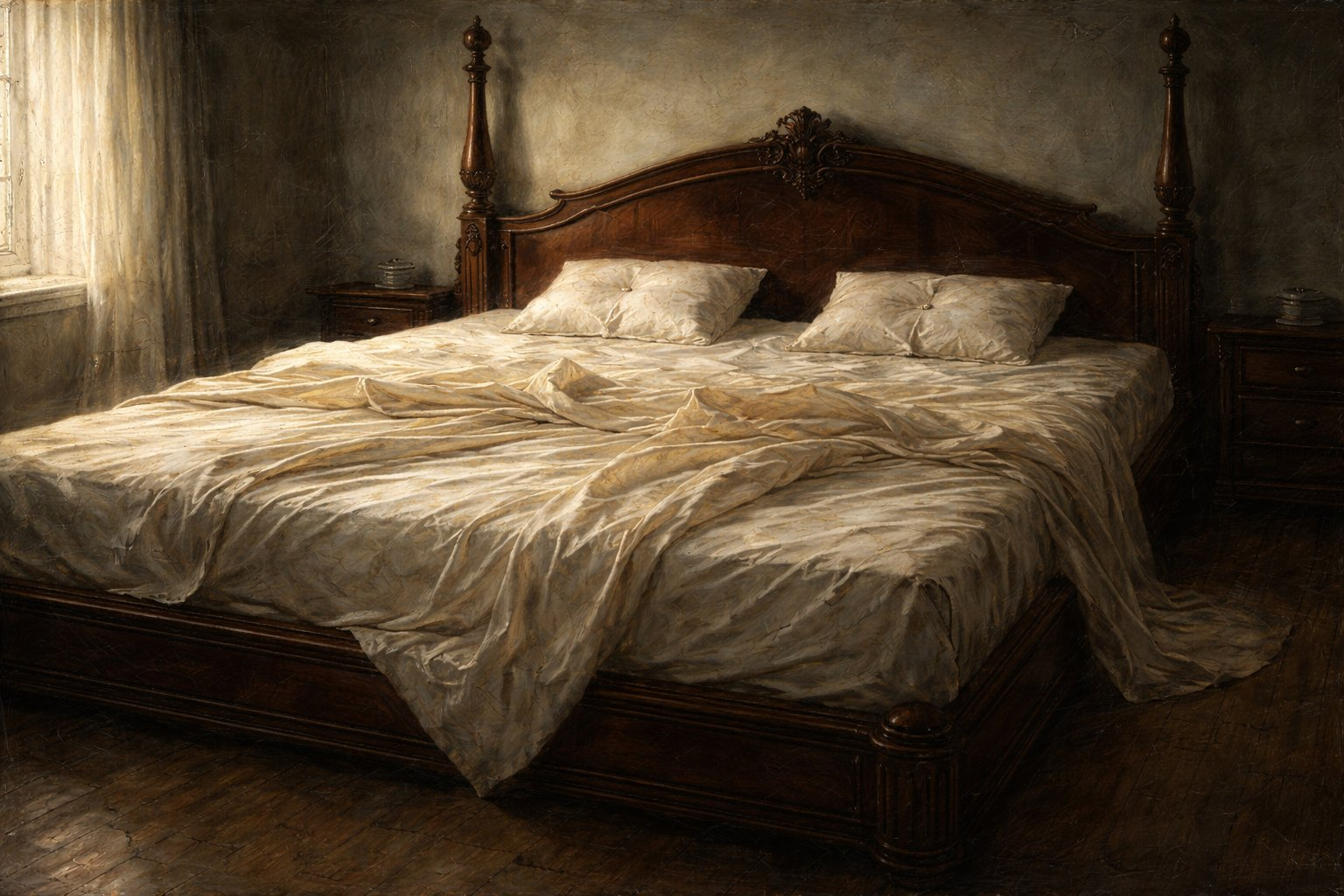 Leeres opulentes Bett im Morgenlicht