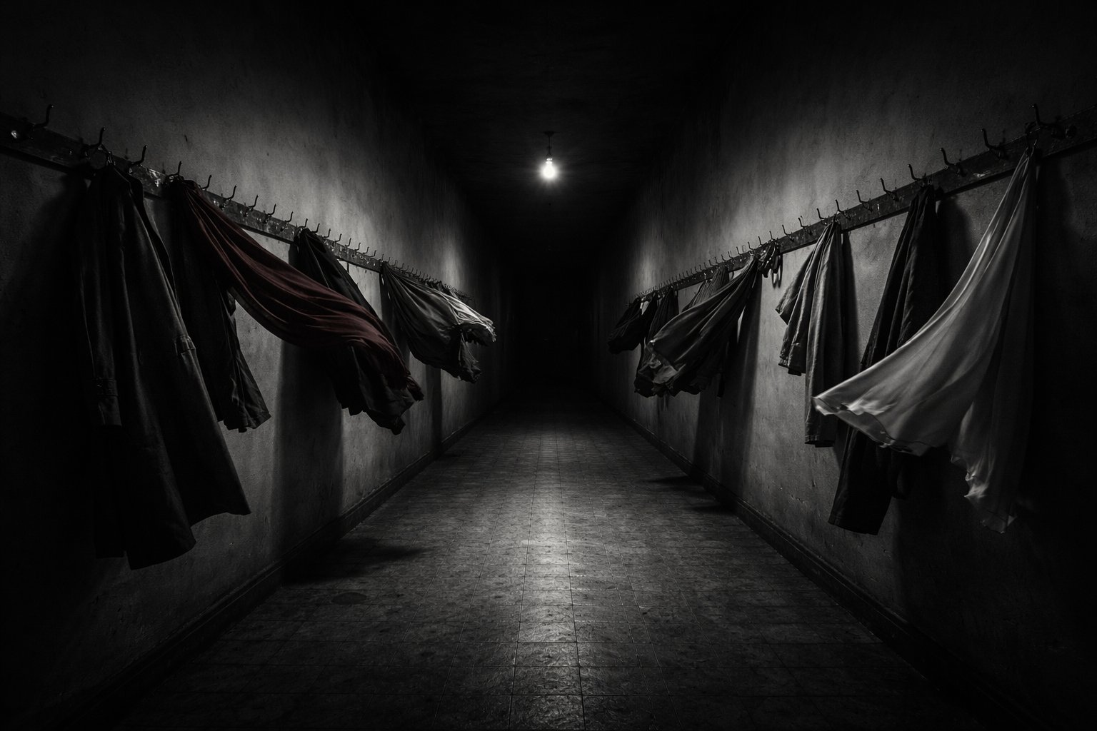 Dunkler Gang mit hängenden Kleidern im Dämmerlicht