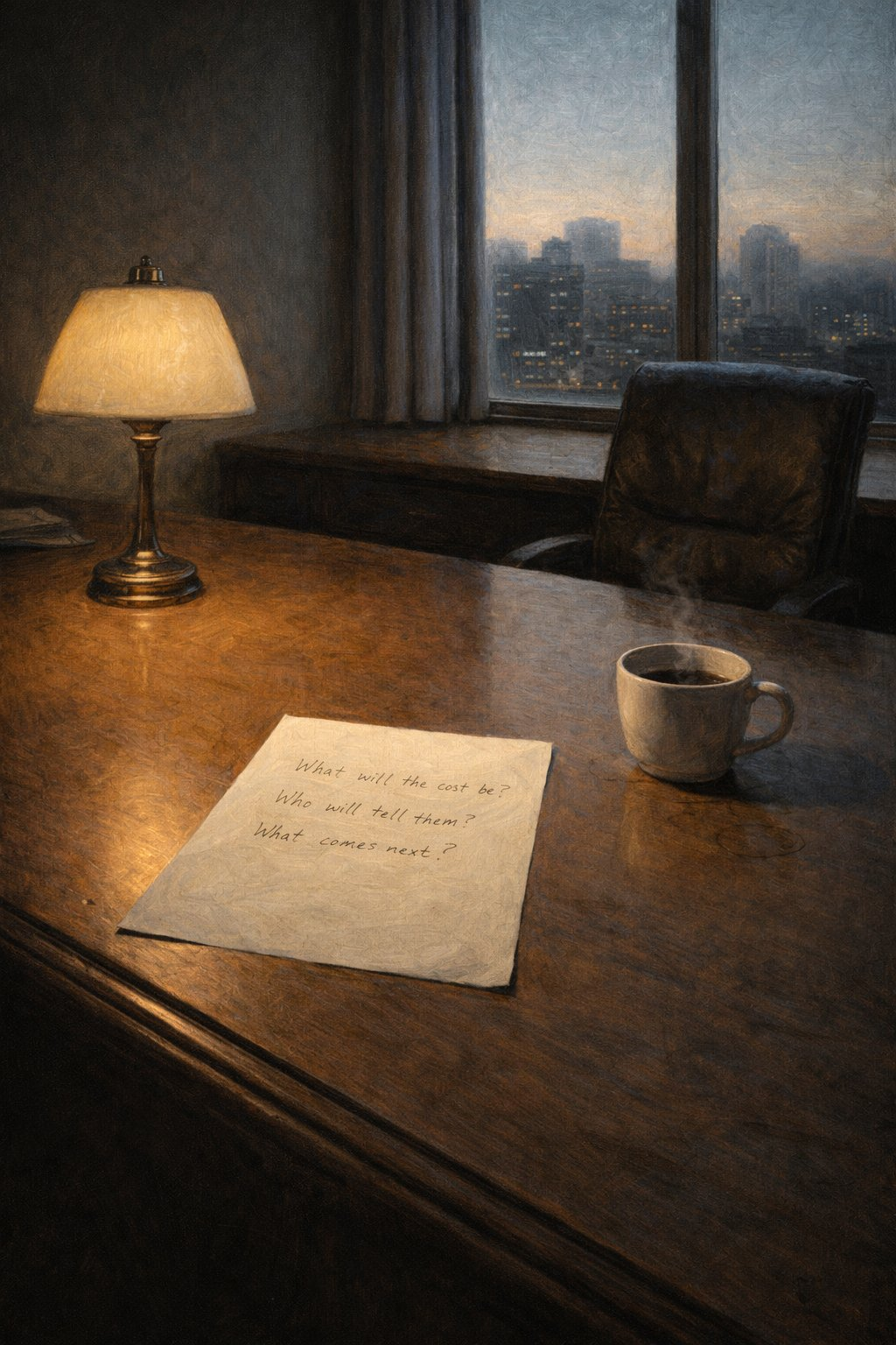 Schreibtisch mit Notizblatt und Kaffee im Morgenlicht