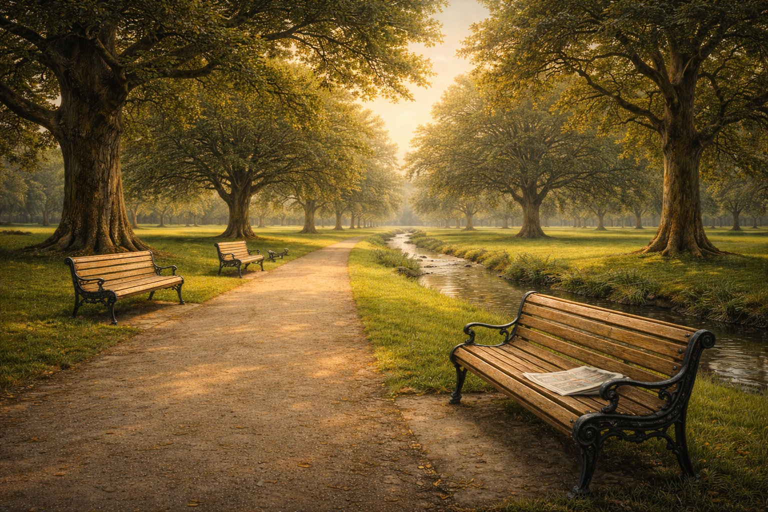 Parkweg mit Bänken im goldenen Nachmittagslicht