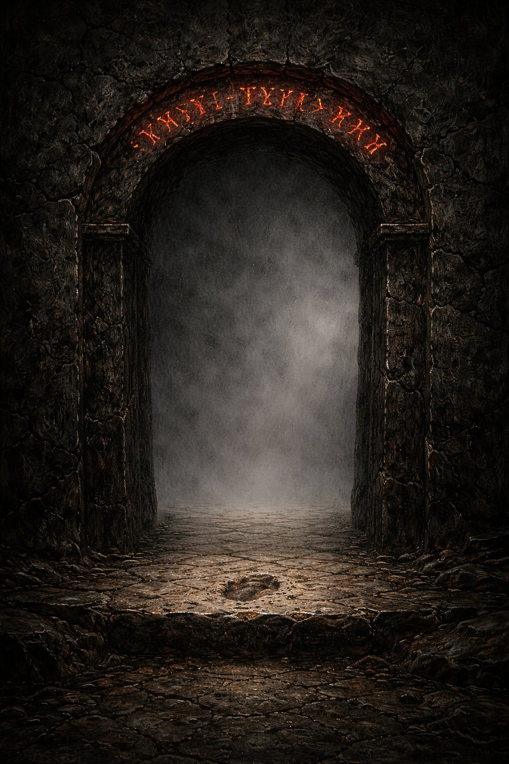 Steinbogen mit glühenden Runen im Nebel