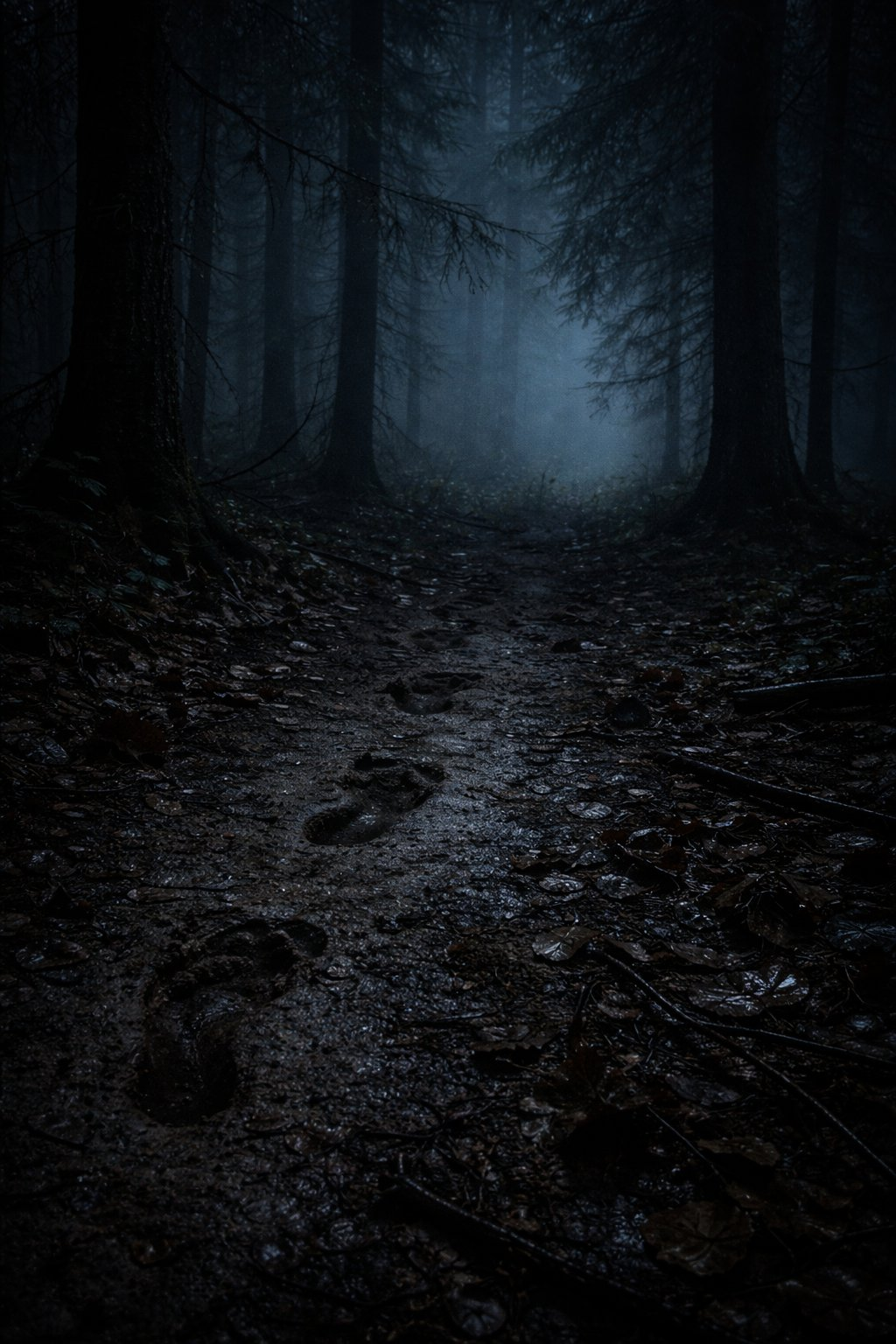 Fußspuren auf dunklem Waldpfad im Nebel